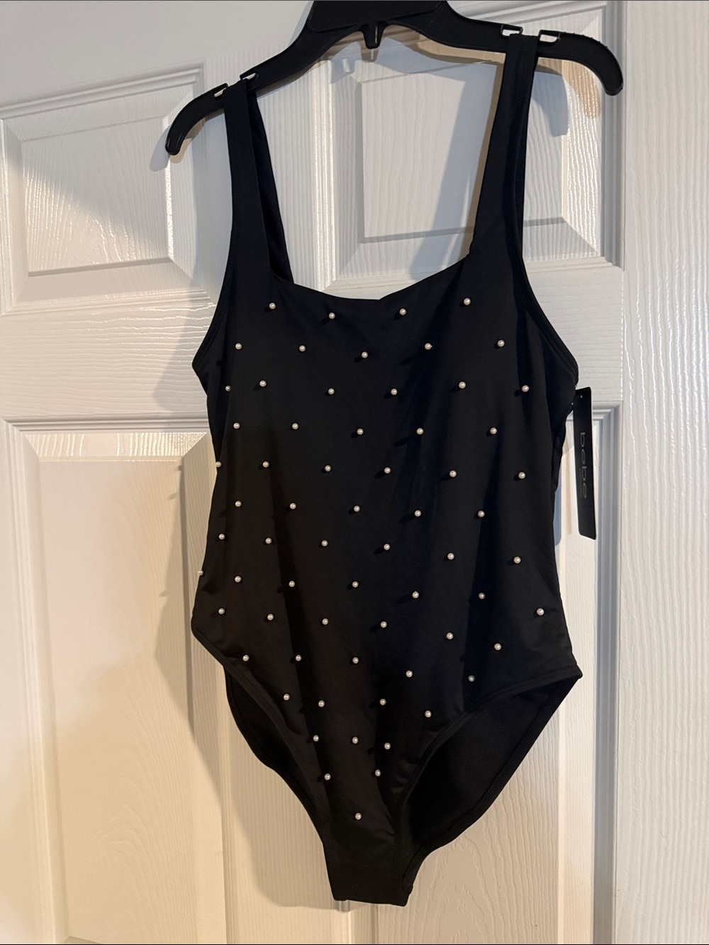 bebe Black One-Piece Swimsuit with Pearl Studs